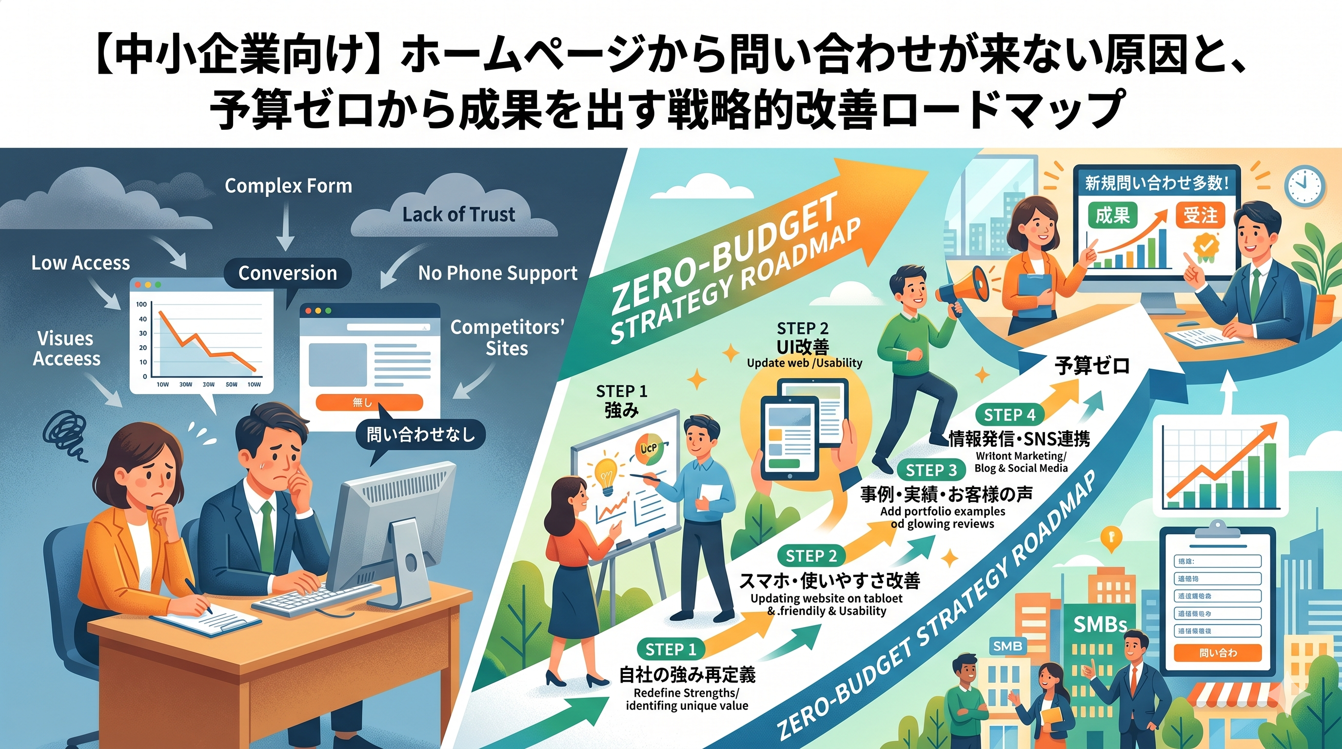 【中小企業向け】ホームページから問い合わせが来ない原因と、予算ゼロから成果を出す戦略的改善ロードマップ